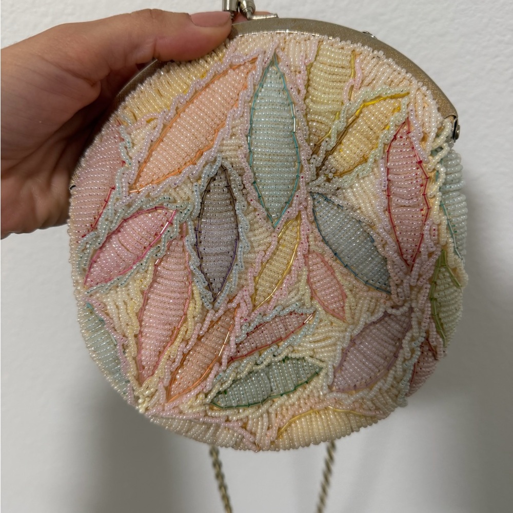 Pastel Leaf Pattern Beaded Clutch - image 4